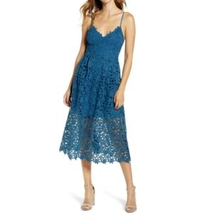 ASTR The Label A-line Lace Midi Dress Teal Womens Size L